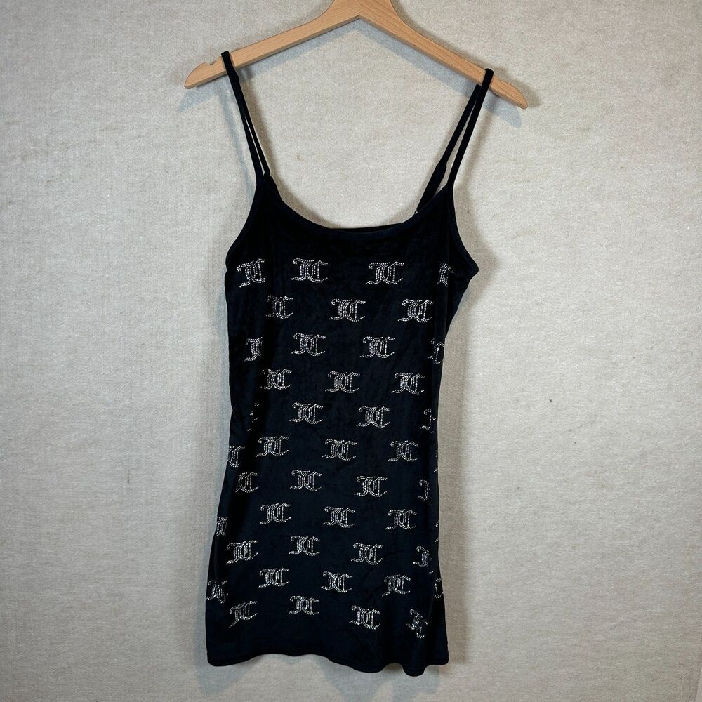 Juicy Couture Black Velour Rhinestone JC Logo Slip Dress Small Y2K Sleepwear